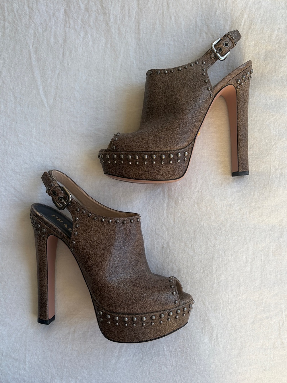 Vintage Prada Studded Distressed Leather Peep Toe Buckle Platform Heels Brown